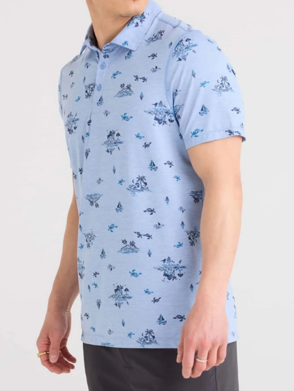 Saxx Men's Droptemp Cooling Ocean Printed Light Blue Polo Shirt-UPF 50size Large